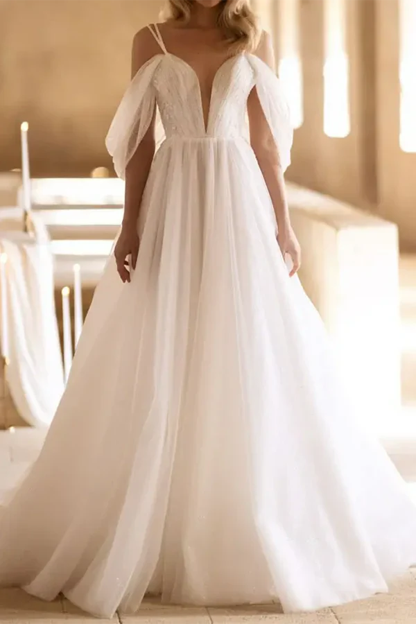 Luolandi A-line deep V-neck sheer pleated rural style trailing wedding dress Beautiful